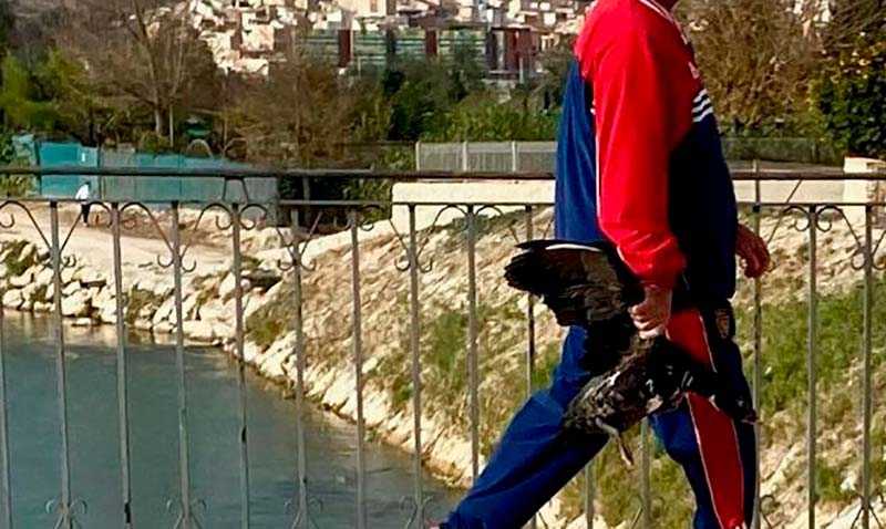 El hombre a su paso por el puente del Argaz.  Imagen: C. C