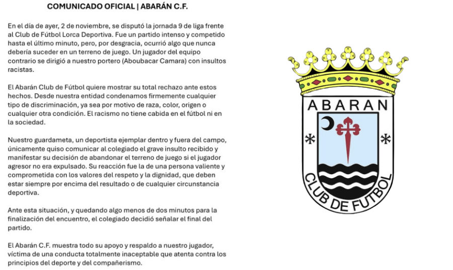 Abarán CF denuncia insultos racistas contra su portero en el partido frente al Lorca Dptva.
