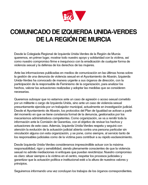 IU-Verdes RM se reúne de urgencia por el caso de Abarán y expresa su 