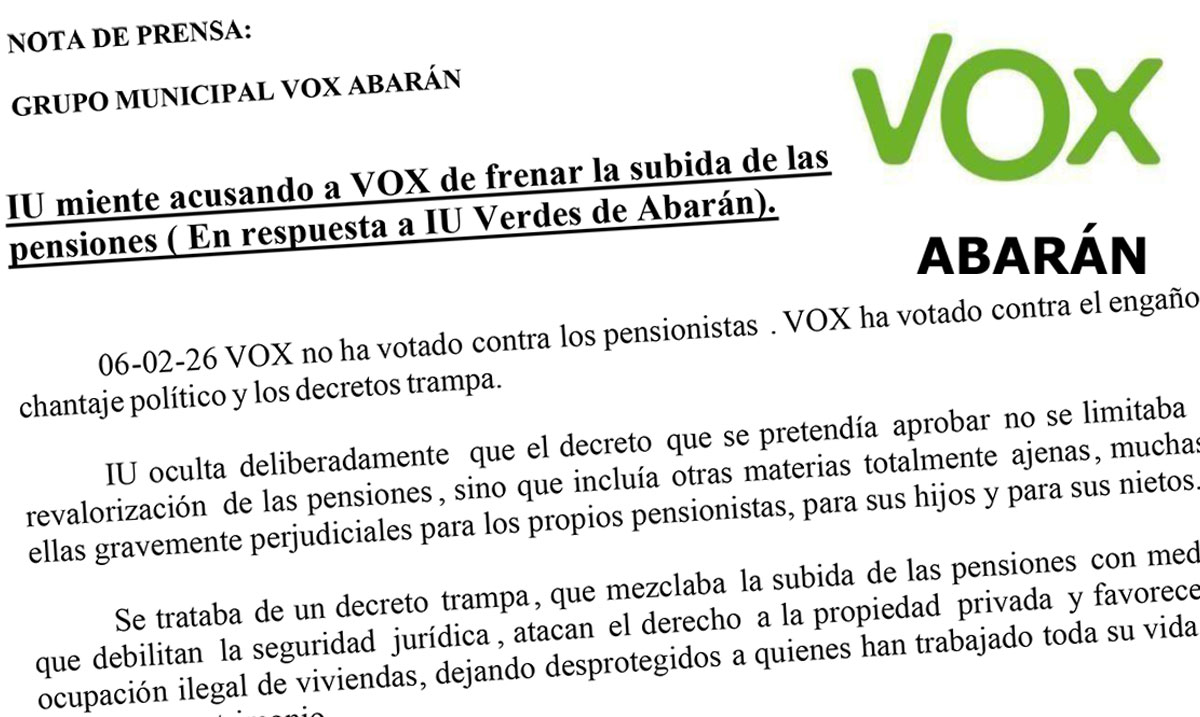VOX Abarán rechaza las acusaciones de IU y denuncia que el decreto de pensiones incluía medidas que «favorecen la ocupación ilegal»
