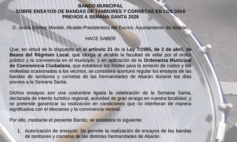 Abarán regula los ensayos de Semana Santa para equilibrar convivencia y tradición