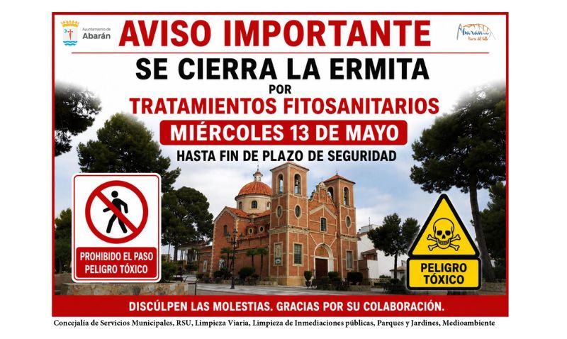 La ermita de Abarán cerrará este miércoles por tratamientos fitosanitarios