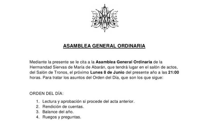 La Hermandad Siervas de María convocada su Asamblea General para el lunes 8 de junio