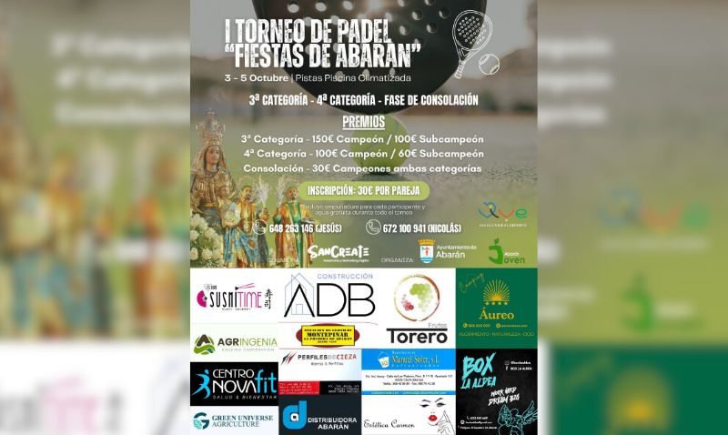 Abarán estrenará en octubre su primer Torneo de Pádel 'Fiestas de Abarán'