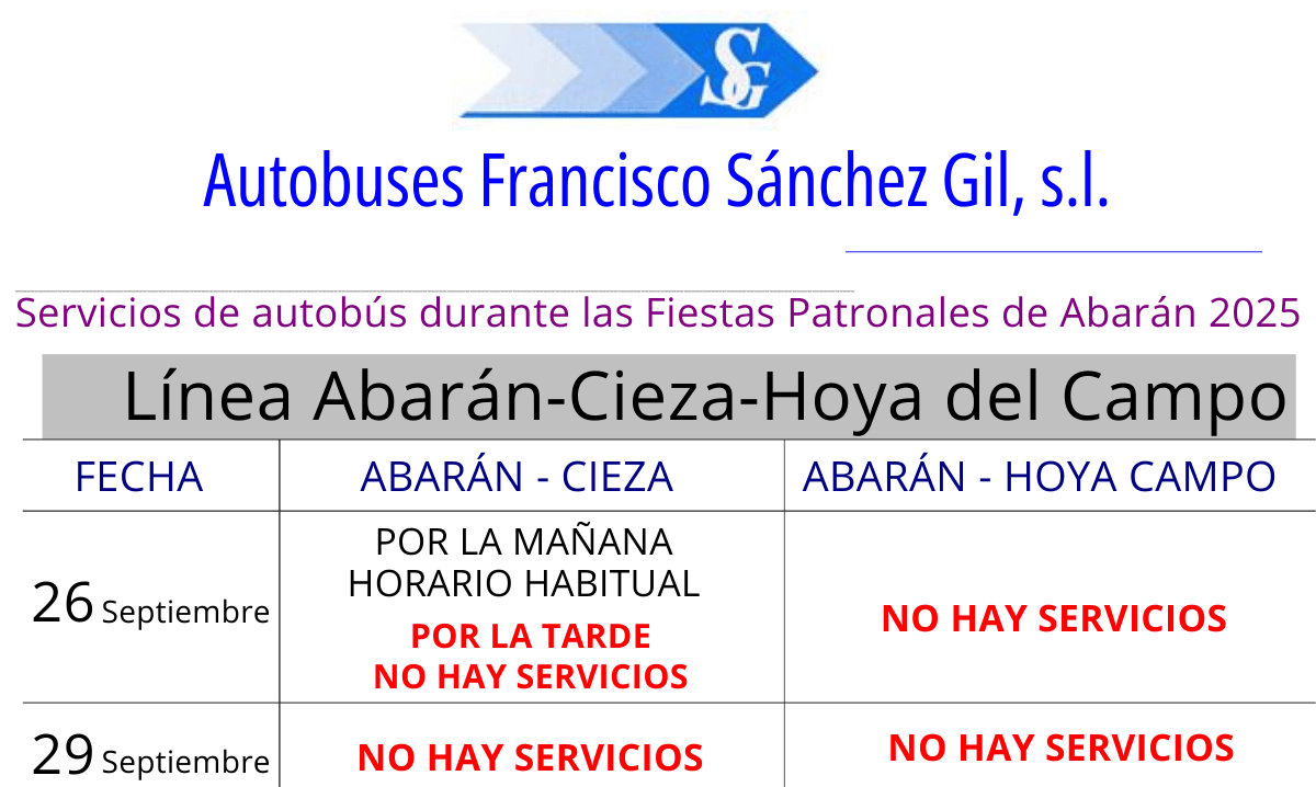 Horario especial del autobús de Cieza y Hoya del Campo con motivo de las fiestas