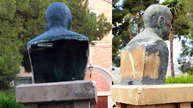 Da&ntilde;os en el busto de D. Nicol&aacute;s (izda), y la imagen ya reparada (dcha)