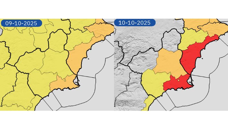 La AEMET activa el nivel rojo por lluvias extremas en la Región de Murcia este viernes