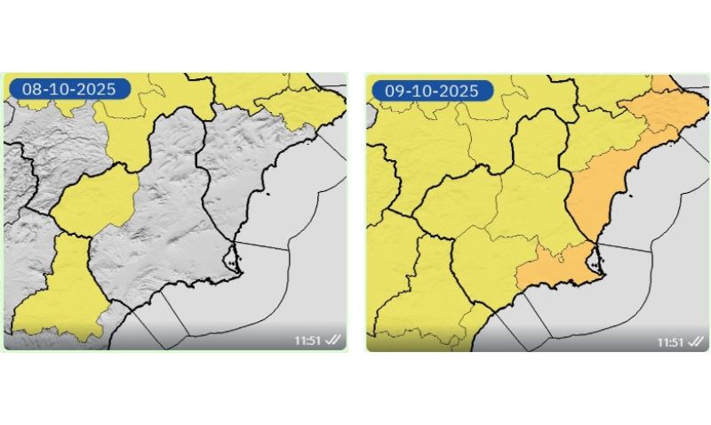 Activado el aviso naranja por lluvias intensas en la Región de Murcia este jueves