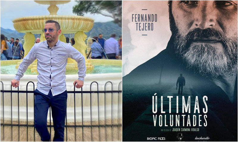 Alberto junto al cartel anunciador de la película