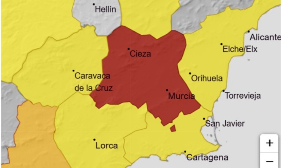 La AEMET eleva a ROJO el aviso por fuertes lluvias y tormentas en la Vega del Segura