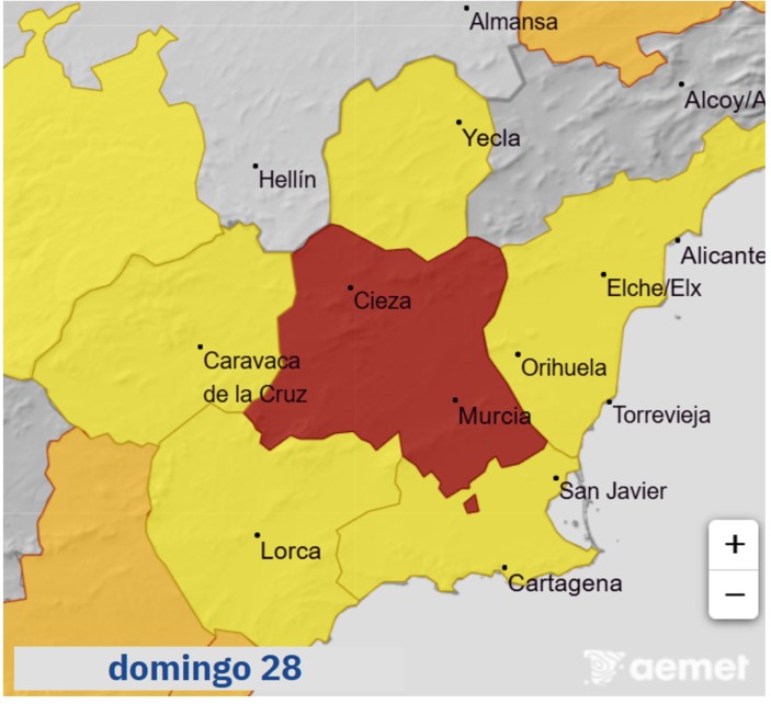 La AEMET eleva a ROJO el aviso por fuertes lluvias y tormentas en la Vega del Segura